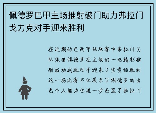 佩德罗巴甲主场推射破门助力弗拉门戈力克对手迎来胜利